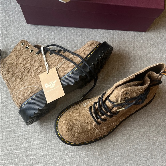 Dr. Martens Brown Fuzzy 1460 Lace-Up Boots with Yellow Stitching - Picture 3 of 9